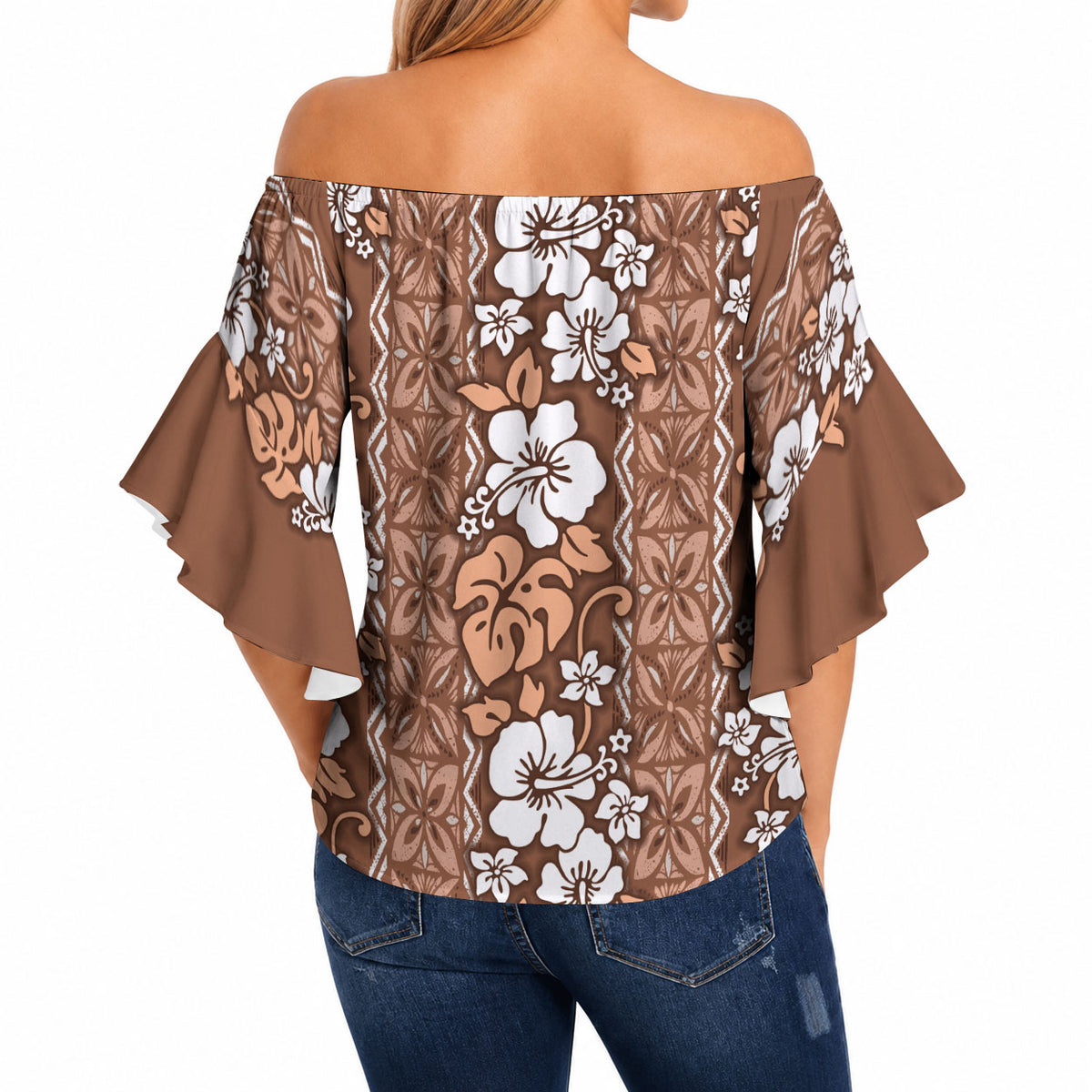 Hawaii Vintage Brown Hibiscus Tapa Pattern Off Shoulder Wrap Waist Top LT05 - Polynesian Pride