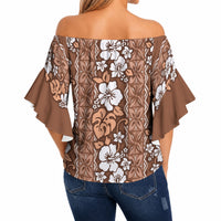 Hawaii Vintage Brown Hibiscus Tapa Pattern Off Shoulder Wrap Waist Top LT05 - Polynesian Pride