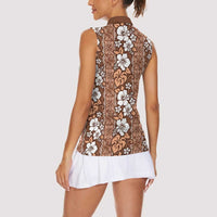 Hawaii Vintage Brown Hibiscus Tapa Pattern Women Sleeveless Polo Shirt