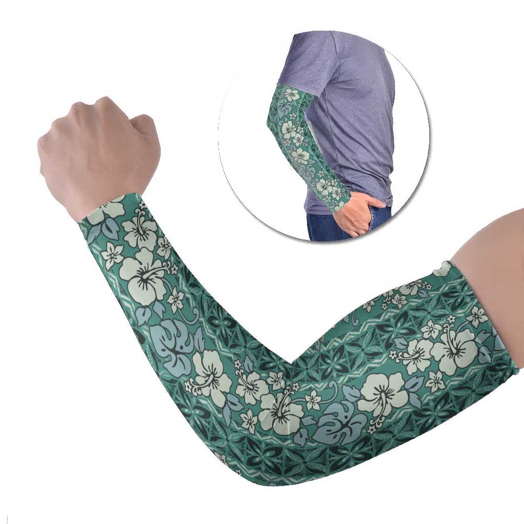 Hawaii Vintage Green Hibiscus Tapa Pattern Arm Sleeves - Polynesian Pride