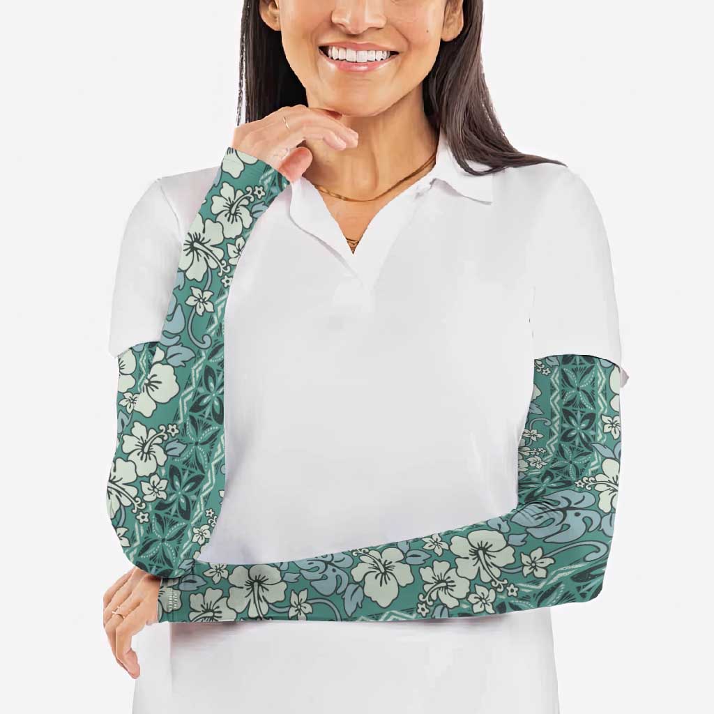 Hawaii Vintage Green Hibiscus Tapa Pattern Arm Sleeves - Polynesian Pride