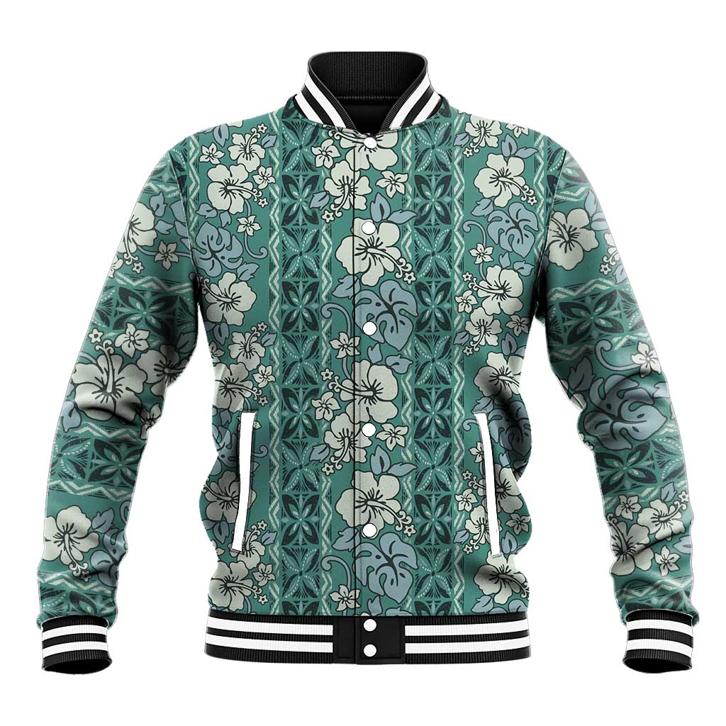 Hawaii Vintage Green Hibiscus Tapa Pattern Baseball Jacket