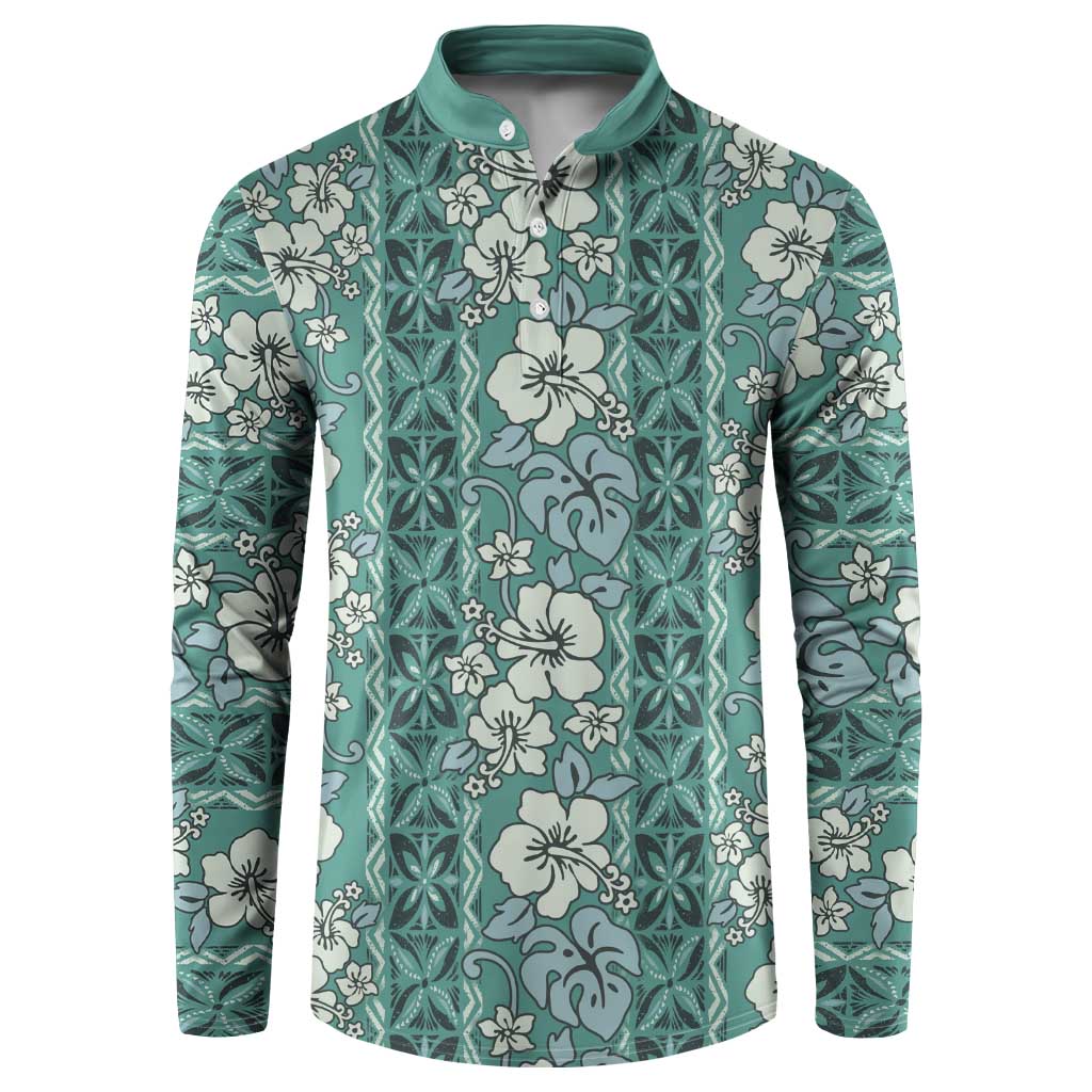 Hawaii Vintage Green Hibiscus Tapa Pattern Button Sweatshirt
