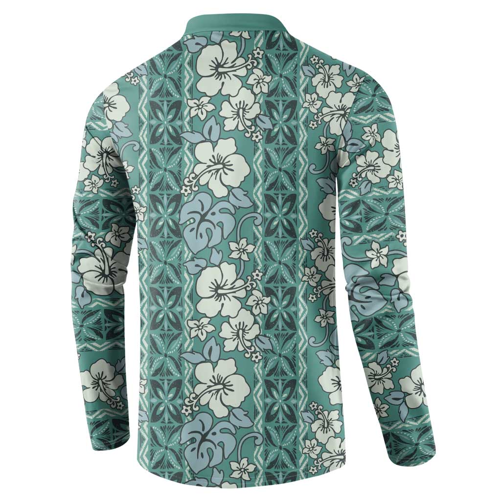 Hawaii Vintage Green Hibiscus Tapa Pattern Button Sweatshirt