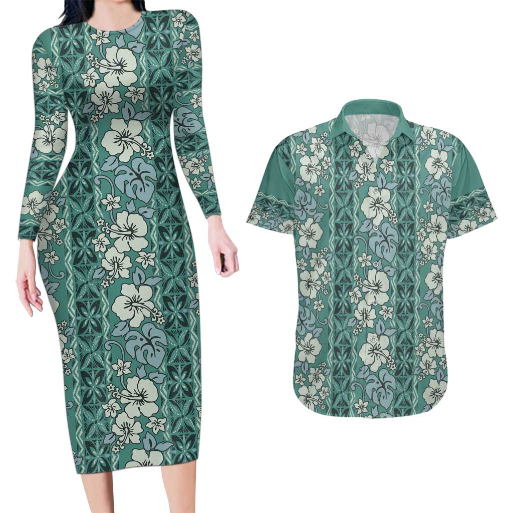 Hawaii Vintage Green Hibiscus Tapa Pattern Couples Matching Long Sleeve Bodycon Dress and Hawaiian Shirt LT05 Green - Polynesian Pride