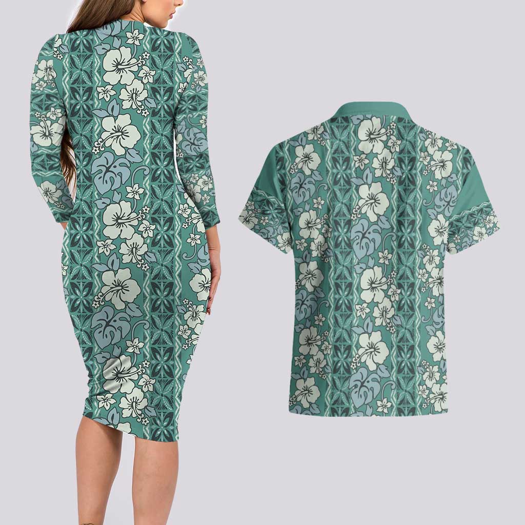 Hawaii Vintage Green Hibiscus Tapa Pattern Couples Matching Long Sleeve Bodycon Dress and Hawaiian Shirt LT05 - Polynesian Pride