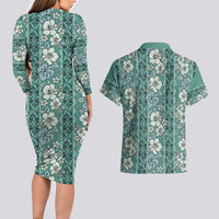 Hawaii Vintage Green Hibiscus Tapa Pattern Couples Matching Long Sleeve Bodycon Dress and Hawaiian Shirt LT05 - Polynesian Pride