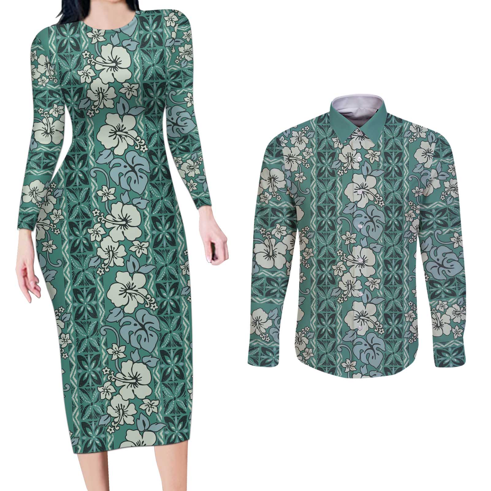 Hawaii Vintage Green Hibiscus Tapa Pattern Couples Matching Long Sleeve Bodycon Dress and Long Sleeve Button Shirt