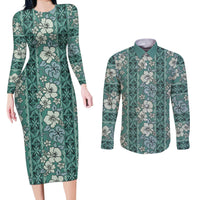 Hawaii Vintage Green Hibiscus Tapa Pattern Couples Matching Long Sleeve Bodycon Dress and Long Sleeve Button Shirt