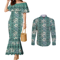 Hawaii Vintage Green Hibiscus Tapa Pattern Couples Matching Mermaid Dress and Long Sleeve Button Shirt