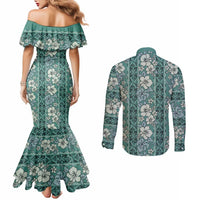 Hawaii Vintage Green Hibiscus Tapa Pattern Couples Matching Mermaid Dress and Long Sleeve Button Shirt