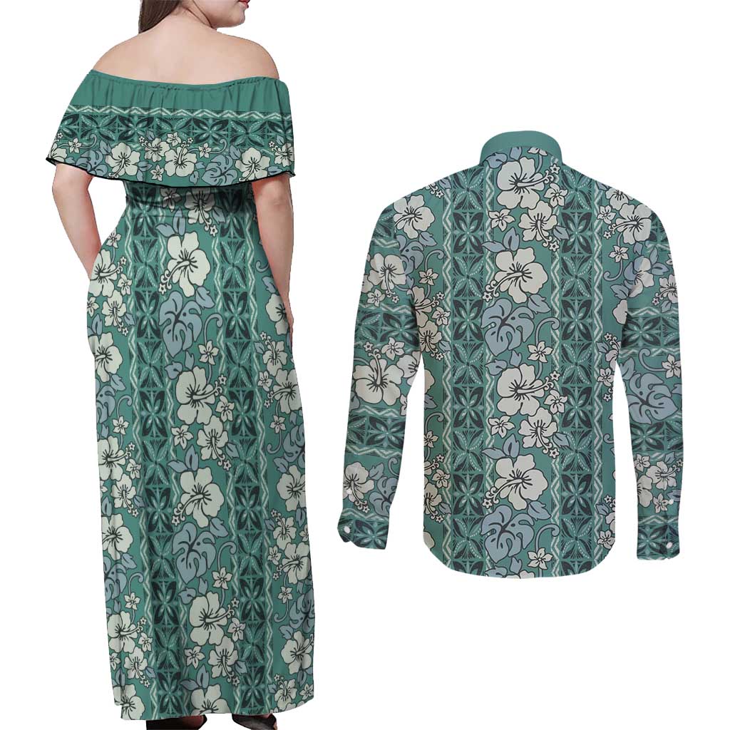 Hawaii Vintage Green Hibiscus Tapa Pattern Couples Matching Off Shoulder Maxi Dress and Long Sleeve Button Shirt