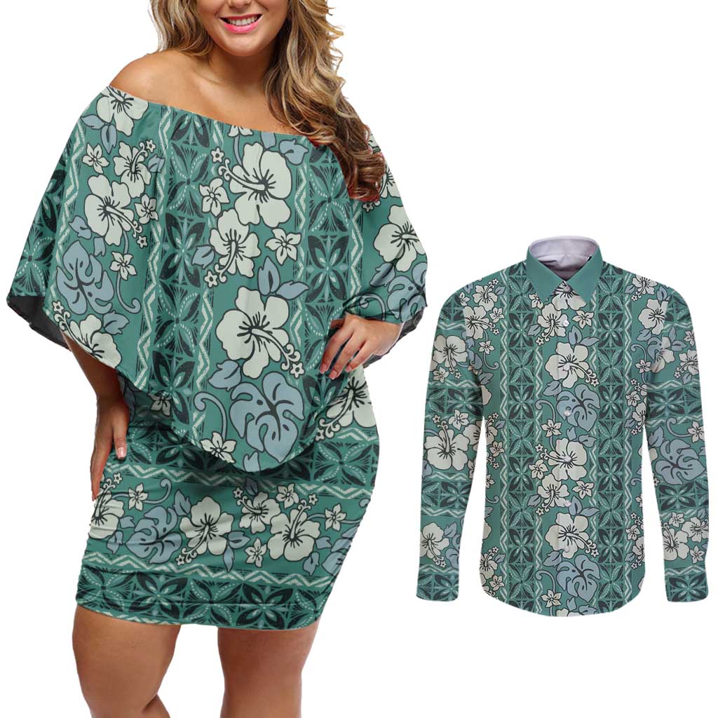 Hawaii Vintage Green Hibiscus Tapa Pattern Couples Matching Off Shoulder Short Dress and Long Sleeve Button Shirt