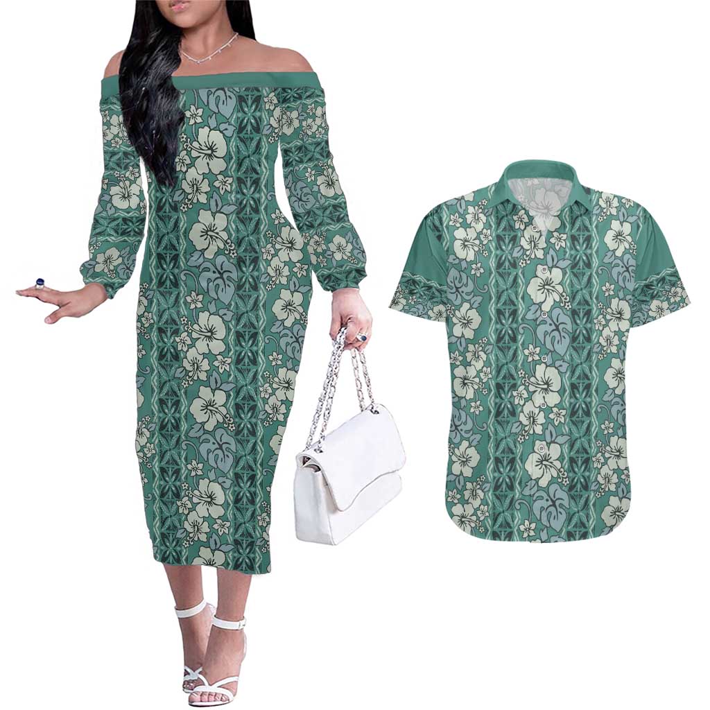 Hawaii Vintage Green Hibiscus Tapa Pattern Couples Matching Off The Shoulder Long Sleeve Dress and Hawaiian Shirt