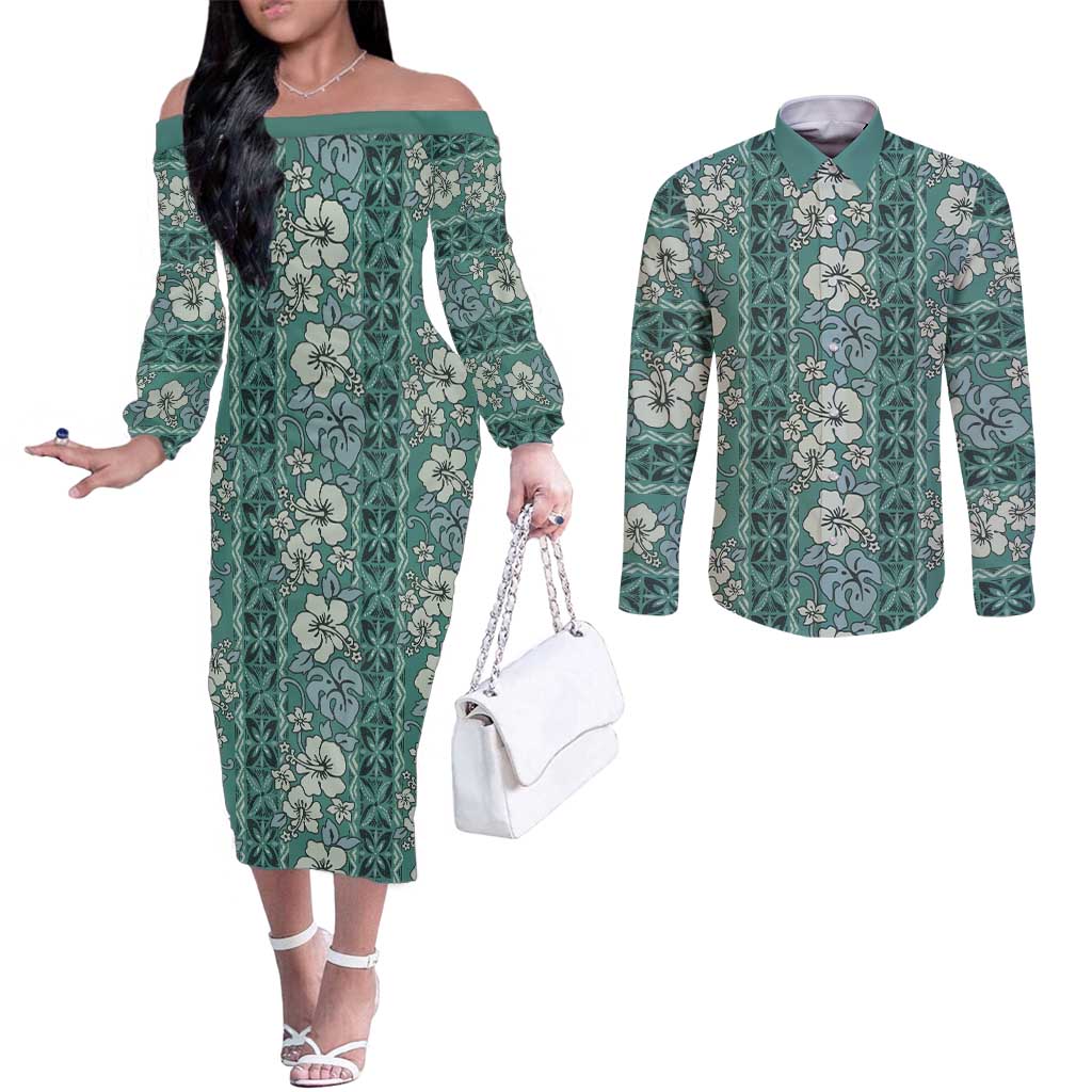 Hawaii Vintage Green Hibiscus Tapa Pattern Couples Matching Off The Shoulder Long Sleeve Dress and Long Sleeve Button Shirt