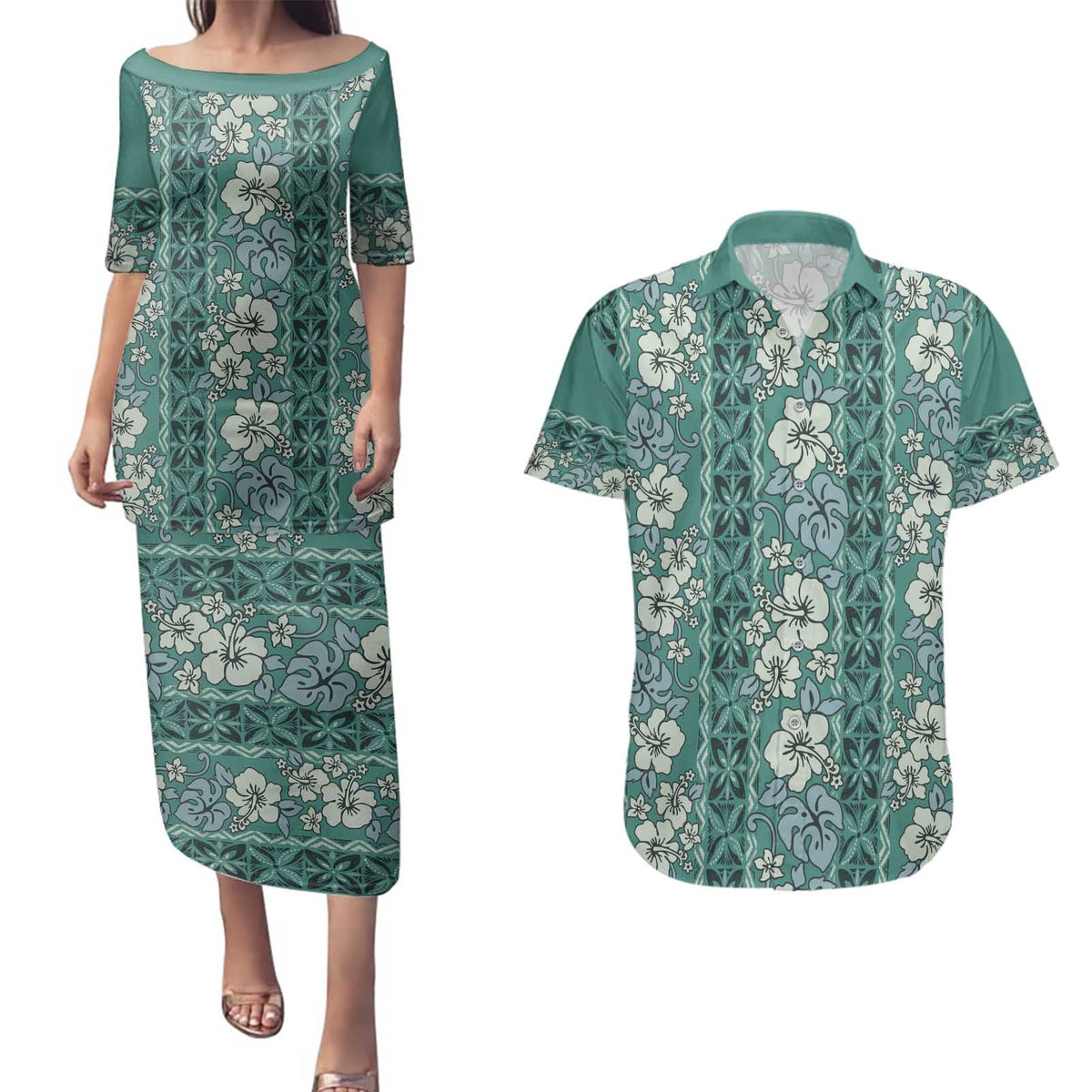 Hawaii Vintage Green Hibiscus Tapa Pattern Couples Matching Puletasi and Hawaiian Shirt