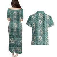 Hawaii Vintage Green Hibiscus Tapa Pattern Couples Matching Puletasi and Hawaiian Shirt