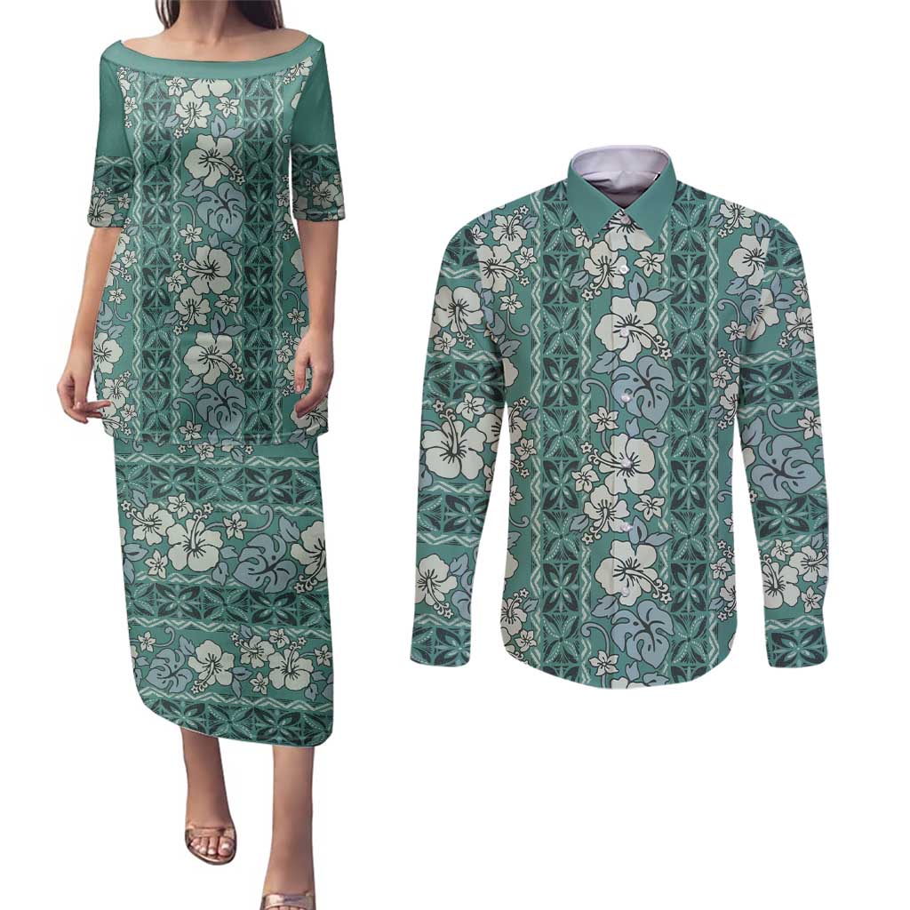 Hawaii Vintage Green Hibiscus Tapa Pattern Couples Matching Puletasi and Long Sleeve Button Shirt LT05 Green - Polynesian Pride