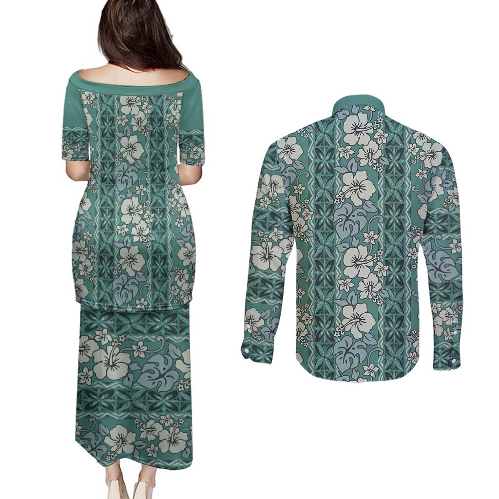 Hawaii Vintage Green Hibiscus Tapa Pattern Couples Matching Puletasi and Long Sleeve Button Shirt