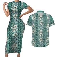 Hawaii Vintage Green Hibiscus Tapa Pattern Couples Matching Short Sleeve Bodycon Dress and Hawaiian Shirt LT05 Green - Polynesian Pride