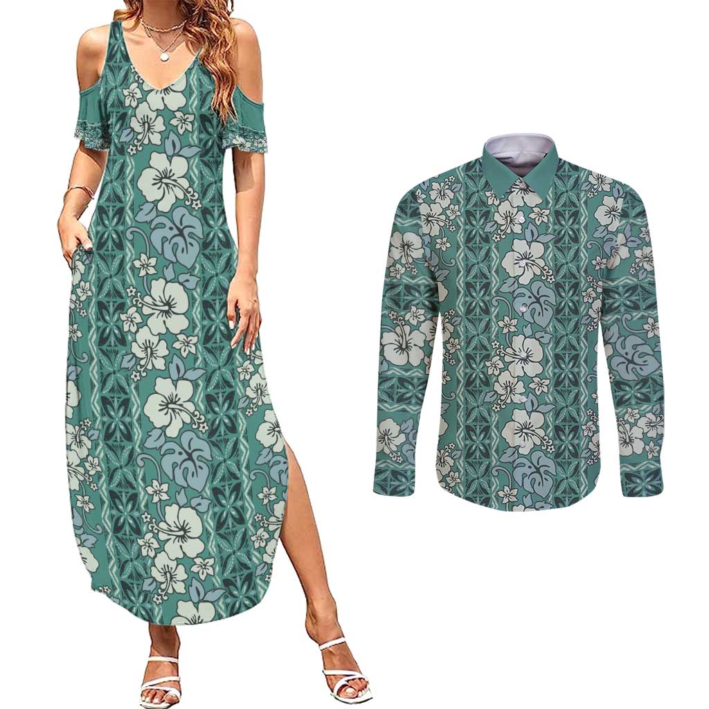 Hawaii Vintage Green Hibiscus Tapa Pattern Couples Matching Summer Maxi Dress and Long Sleeve Button Shirt