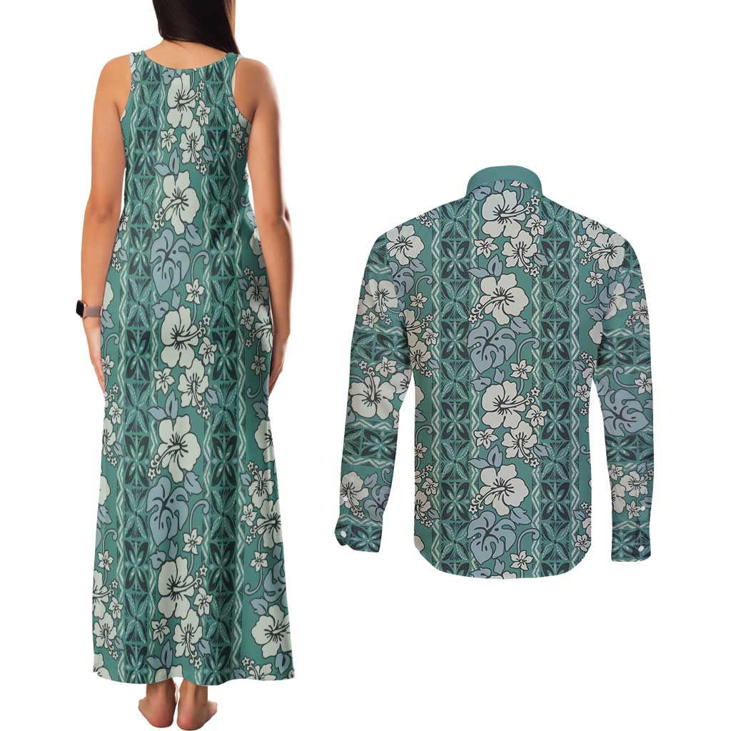 Hawaii Vintage Green Hibiscus Tapa Pattern Couples Matching Tank Maxi Dress and Long Sleeve Button Shirt