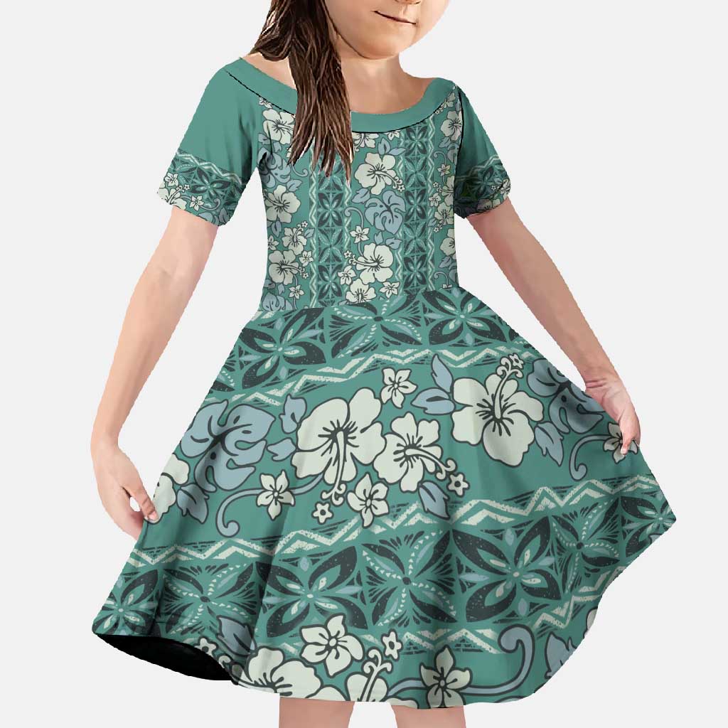 Hawaii Vintage Green Hibiscus Tapa Pattern Family Matching Long Sleeve Bodycon Dress and Hawaiian Shirt LT05 Daughter's Dress Green - Polynesian Pride