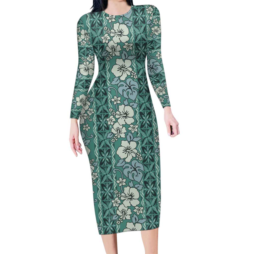 Hawaii Vintage Green Hibiscus Tapa Pattern Family Matching Long Sleeve Bodycon Dress and Hawaiian Shirt LT05 Mom's Dress Green - Polynesian Pride