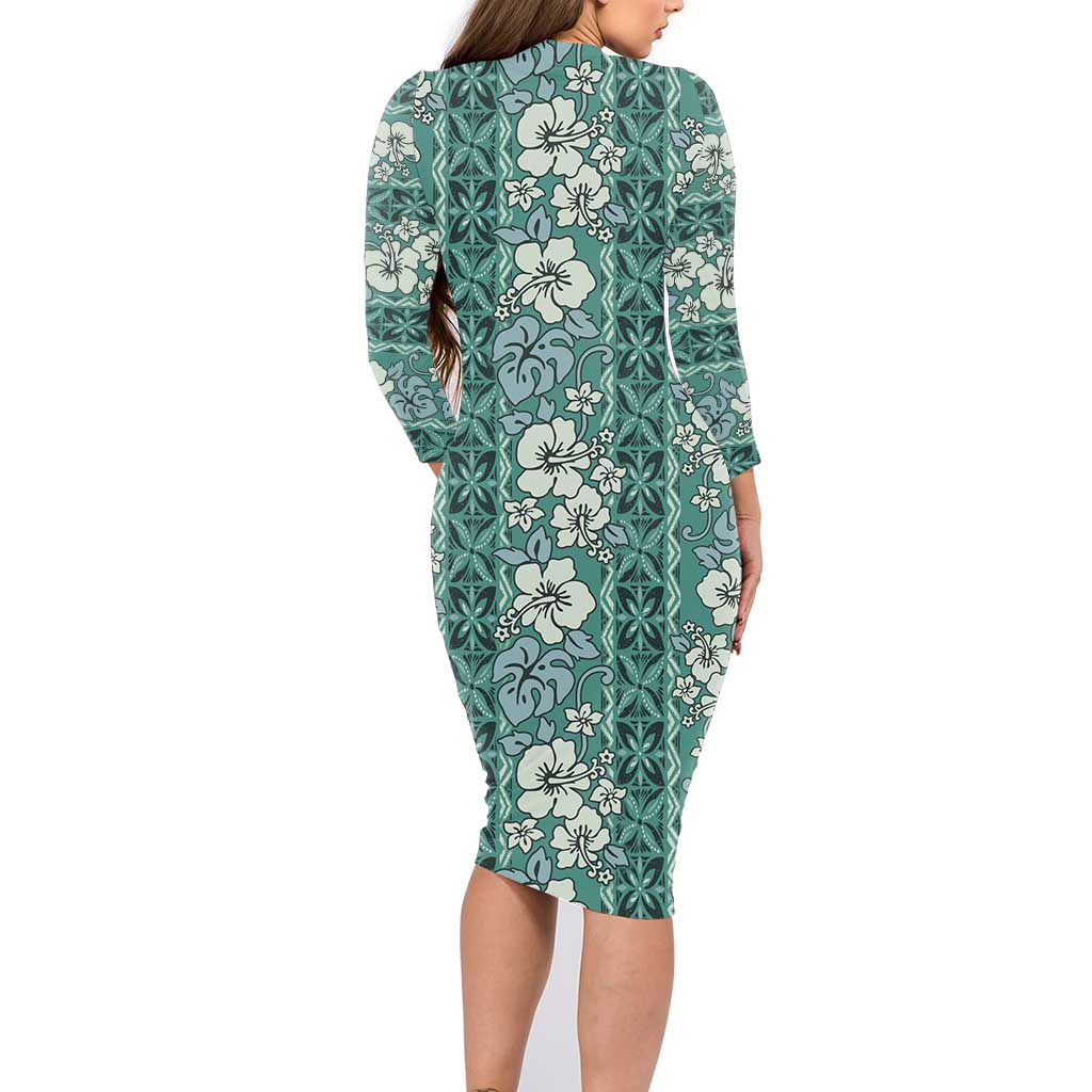Hawaii Vintage Green Hibiscus Tapa Pattern Family Matching Long Sleeve Bodycon Dress and Hawaiian Shirt LT05 - Polynesian Pride