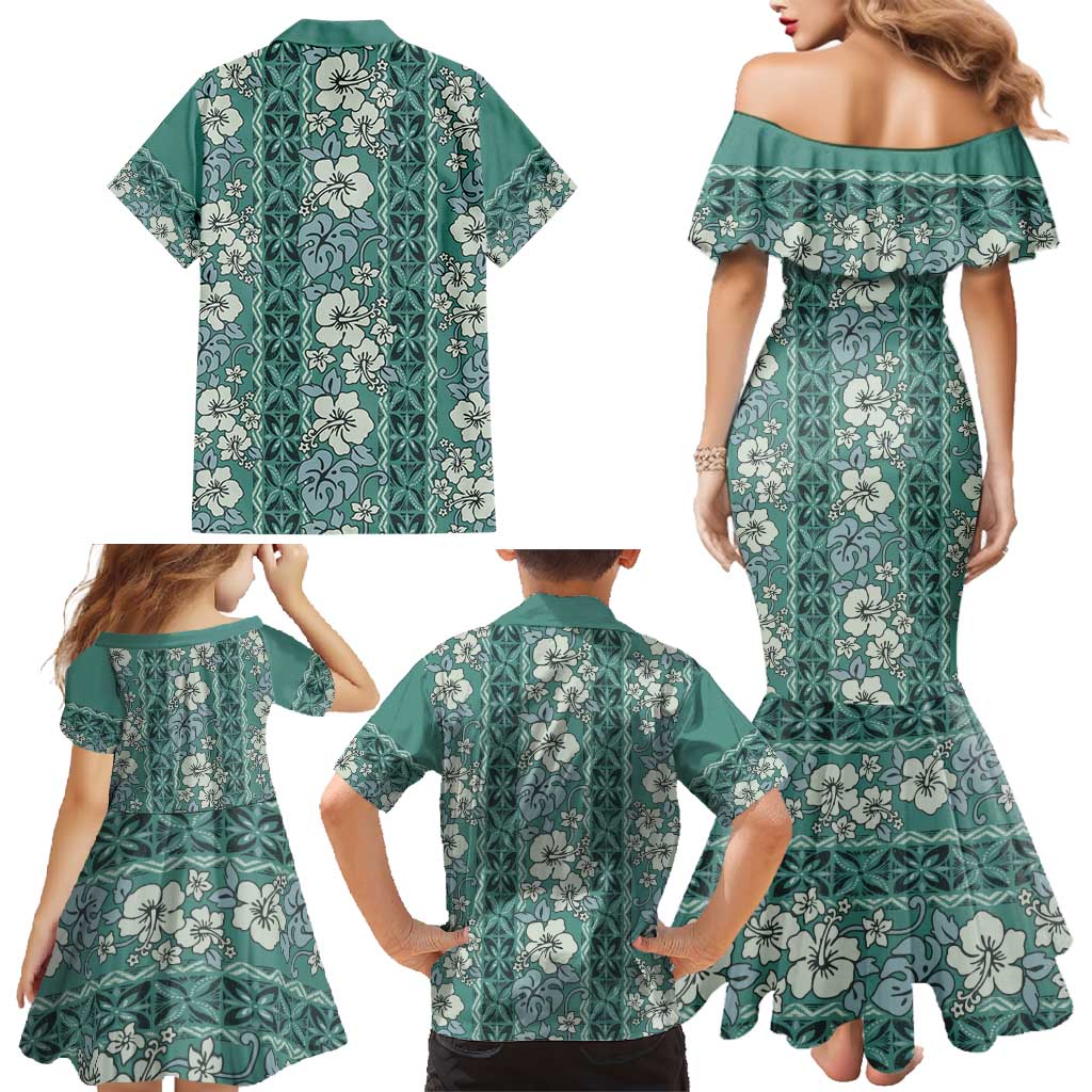 Hawaii Vintage Green Hibiscus Tapa Pattern Family Matching Mermaid Dress and Hawaiian Shirt LT05 - Polynesian Pride