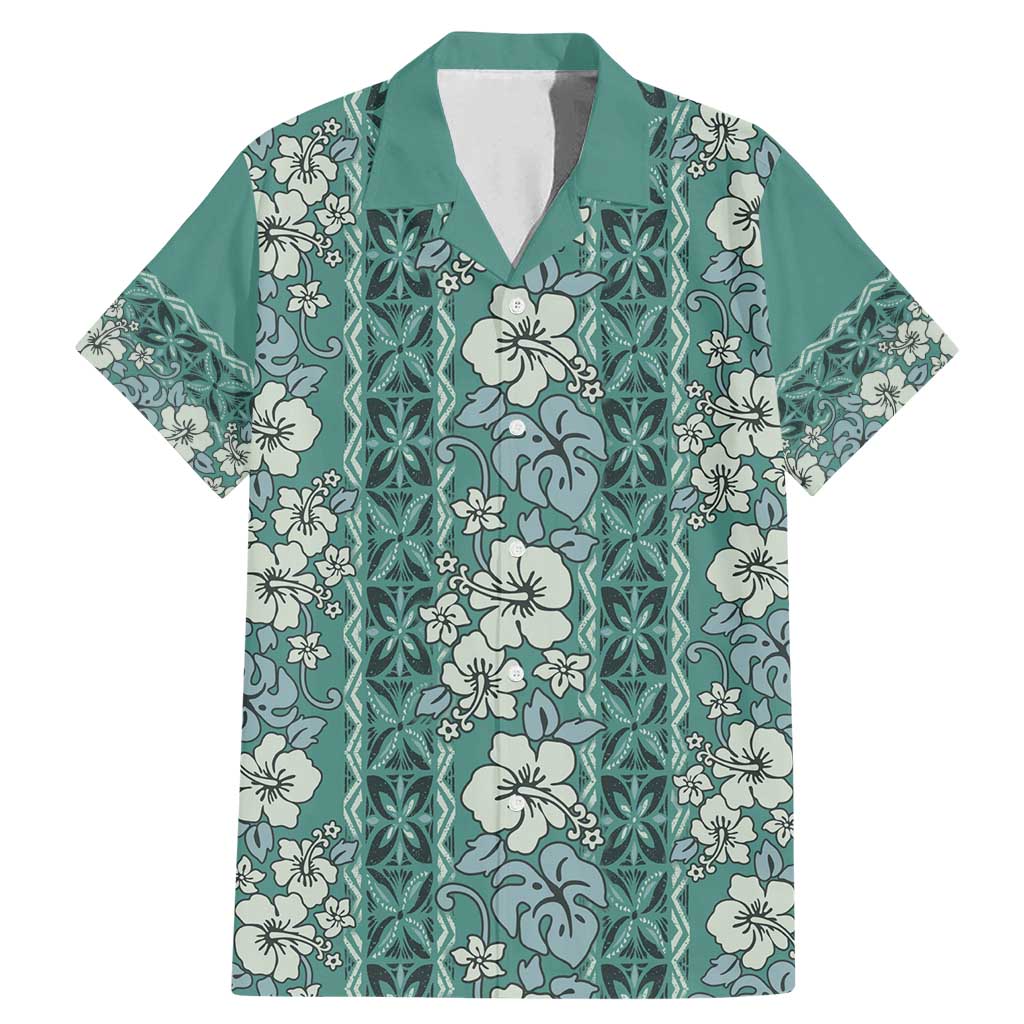 Hawaii Vintage Green Hibiscus Tapa Pattern Family Matching Mermaid Dress and Hawaiian Shirt LT05 Dad's Shirt - Short Sleeve Green - Polynesian Pride