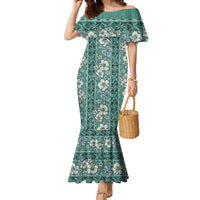 Hawaii Vintage Green Hibiscus Tapa Pattern Family Matching Mermaid Dress and Hawaiian Shirt LT05 Mom's Dress Green - Polynesian Pride