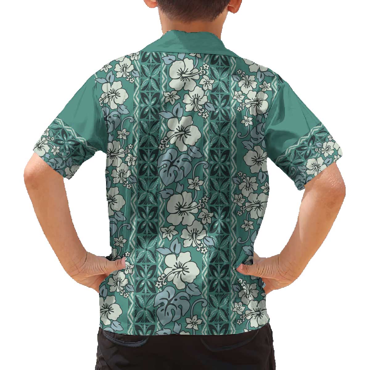 Hawaii Vintage Green Hibiscus Tapa Pattern Family Matching Off The Shoulder Long Sleeve Dress and Hawaiian Shirt LT05 - Polynesian Pride