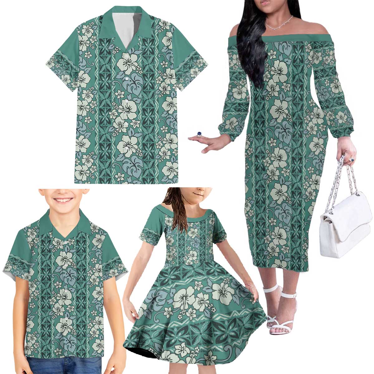 Hawaii Vintage Green Hibiscus Tapa Pattern Family Matching Off The Shoulder Long Sleeve Dress and Hawaiian Shirt LT05 - Polynesian Pride