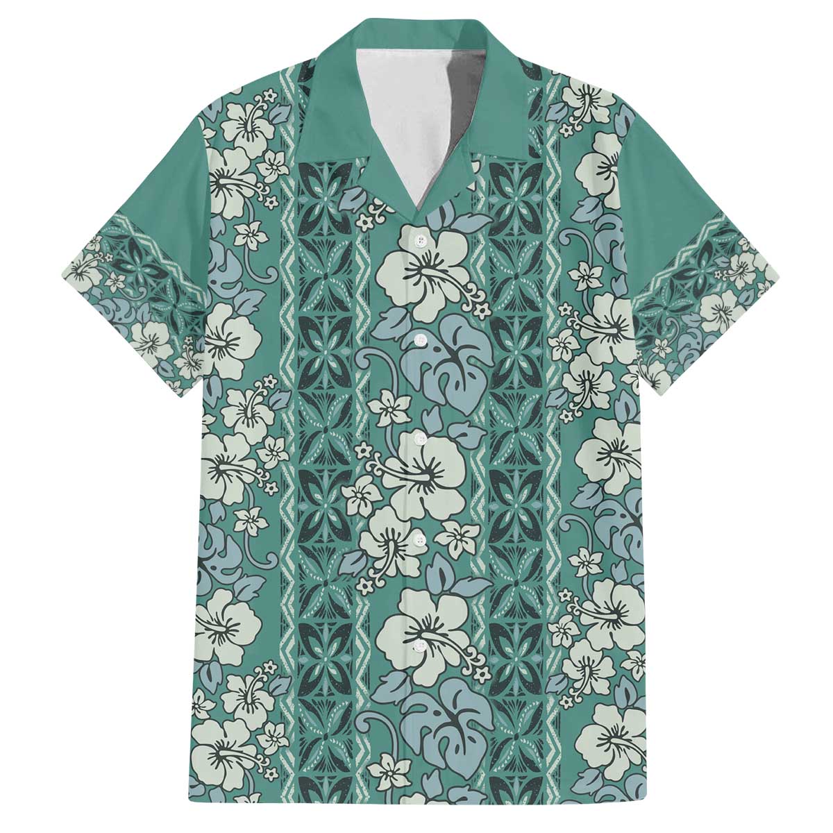 Hawaii Vintage Green Hibiscus Tapa Pattern Family Matching Off The Shoulder Long Sleeve Dress and Hawaiian Shirt LT05 Dad's Shirt - Short Sleeve Green - Polynesian Pride