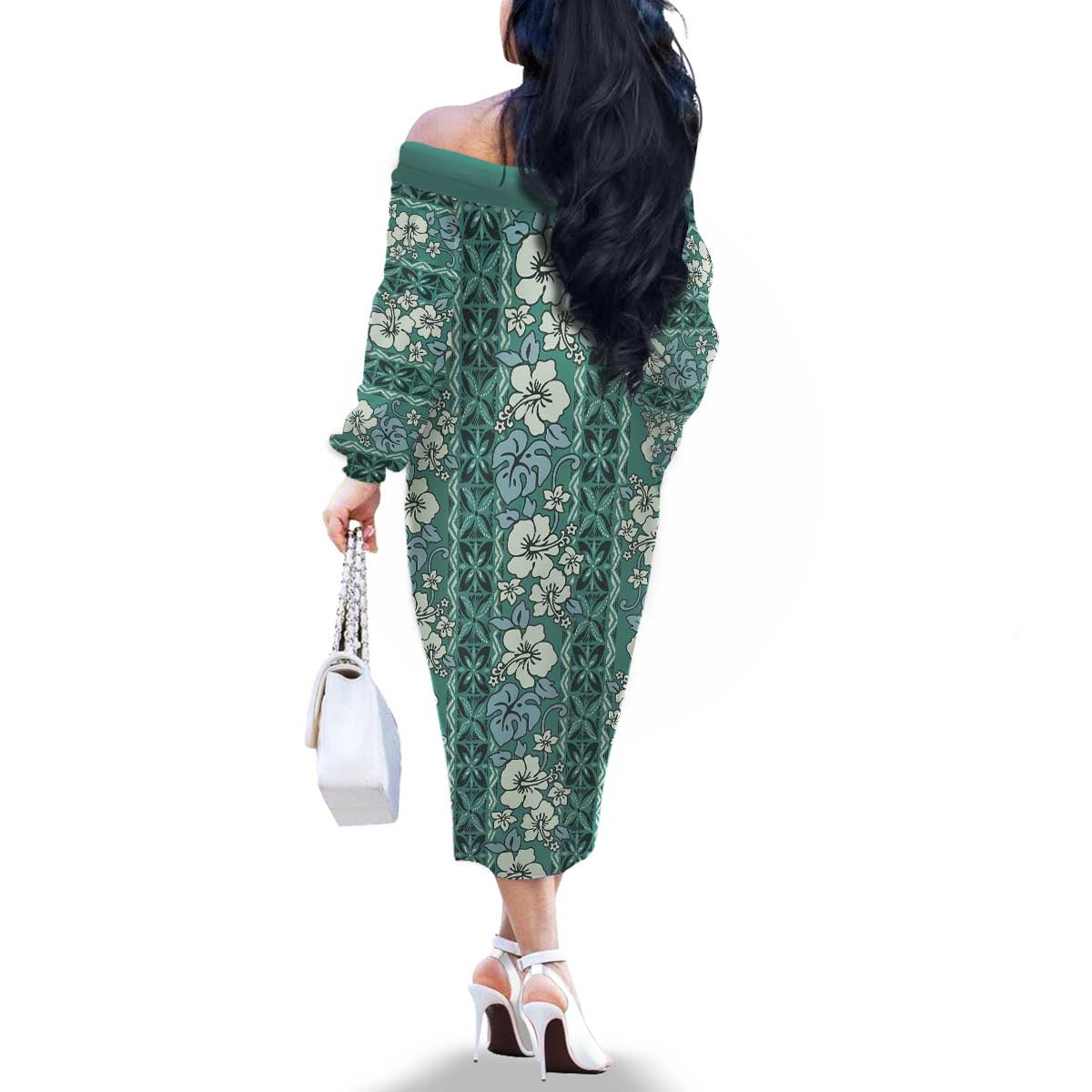 Hawaii Vintage Green Hibiscus Tapa Pattern Family Matching Off The Shoulder Long Sleeve Dress and Hawaiian Shirt LT05 - Polynesian Pride