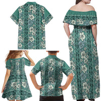 Hawaii Vintage Green Hibiscus Tapa Pattern Family Matching Off Shoulder Maxi Dress and Hawaiian Shirt LT05 - Polynesian Pride
