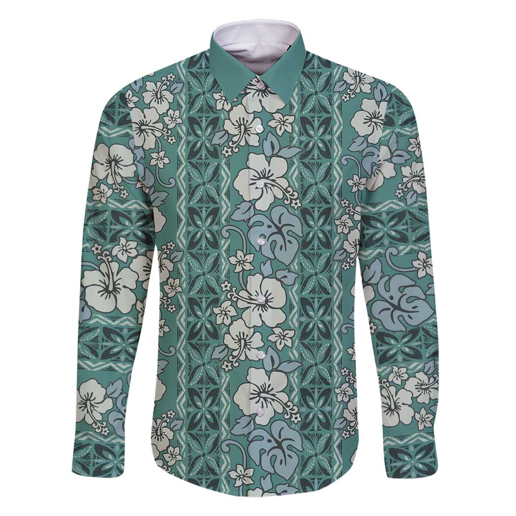 Hawaii Vintage Green Hibiscus Tapa Pattern Family Matching Off Shoulder Maxi Dress and Hawaiian Shirt LT05 Dad's Shirt - Long Sleeve Green - Polynesian Pride