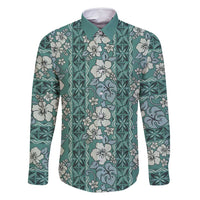 Hawaii Vintage Green Hibiscus Tapa Pattern Family Matching Off Shoulder Maxi Dress and Hawaiian Shirt LT05 Dad's Shirt - Long Sleeve Green - Polynesian Pride