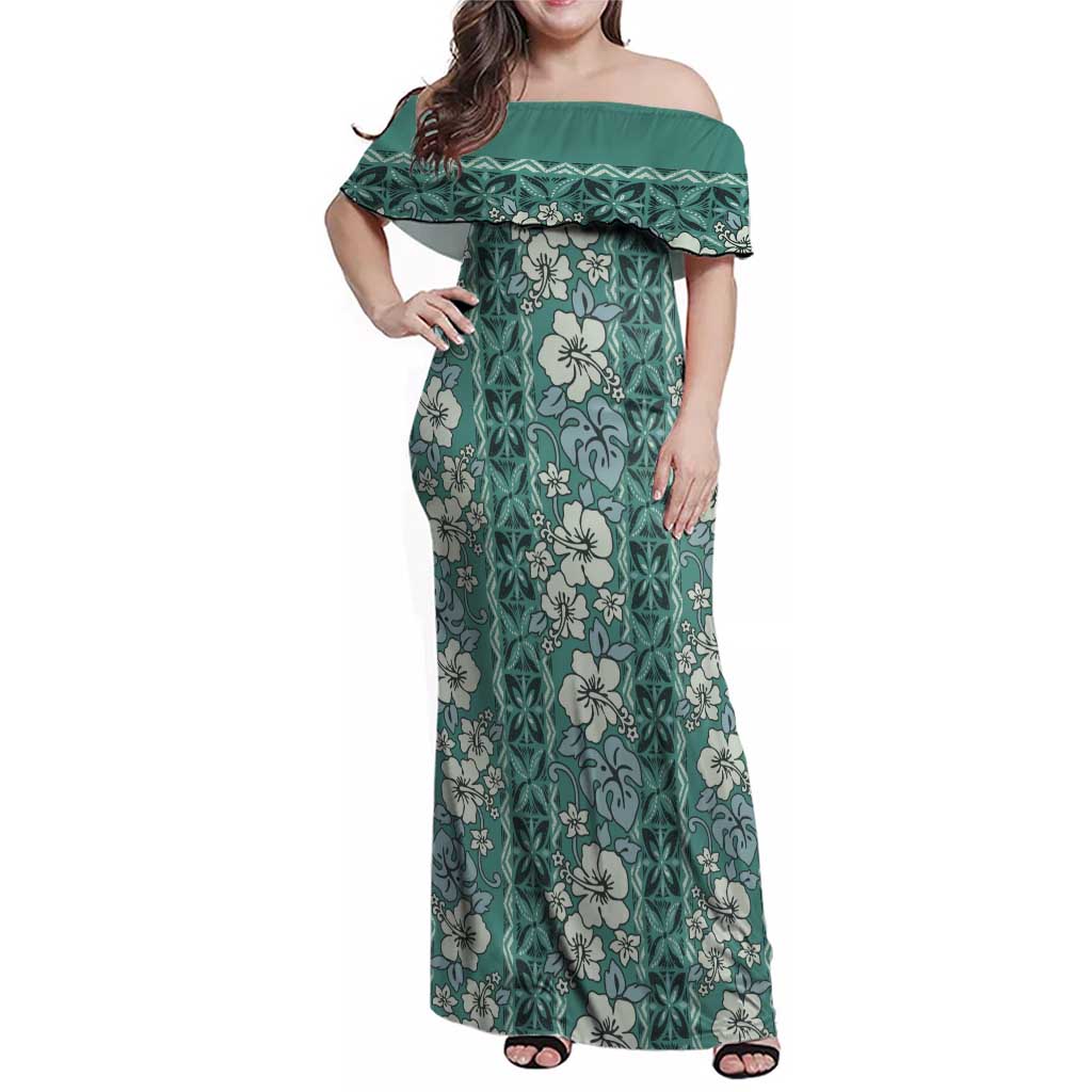 Hawaii Vintage Green Hibiscus Tapa Pattern Family Matching Off Shoulder Maxi Dress and Hawaiian Shirt LT05 Mom's Dress Green - Polynesian Pride