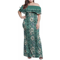 Hawaii Vintage Green Hibiscus Tapa Pattern Family Matching Off Shoulder Maxi Dress and Hawaiian Shirt LT05 Mom's Dress Green - Polynesian Pride