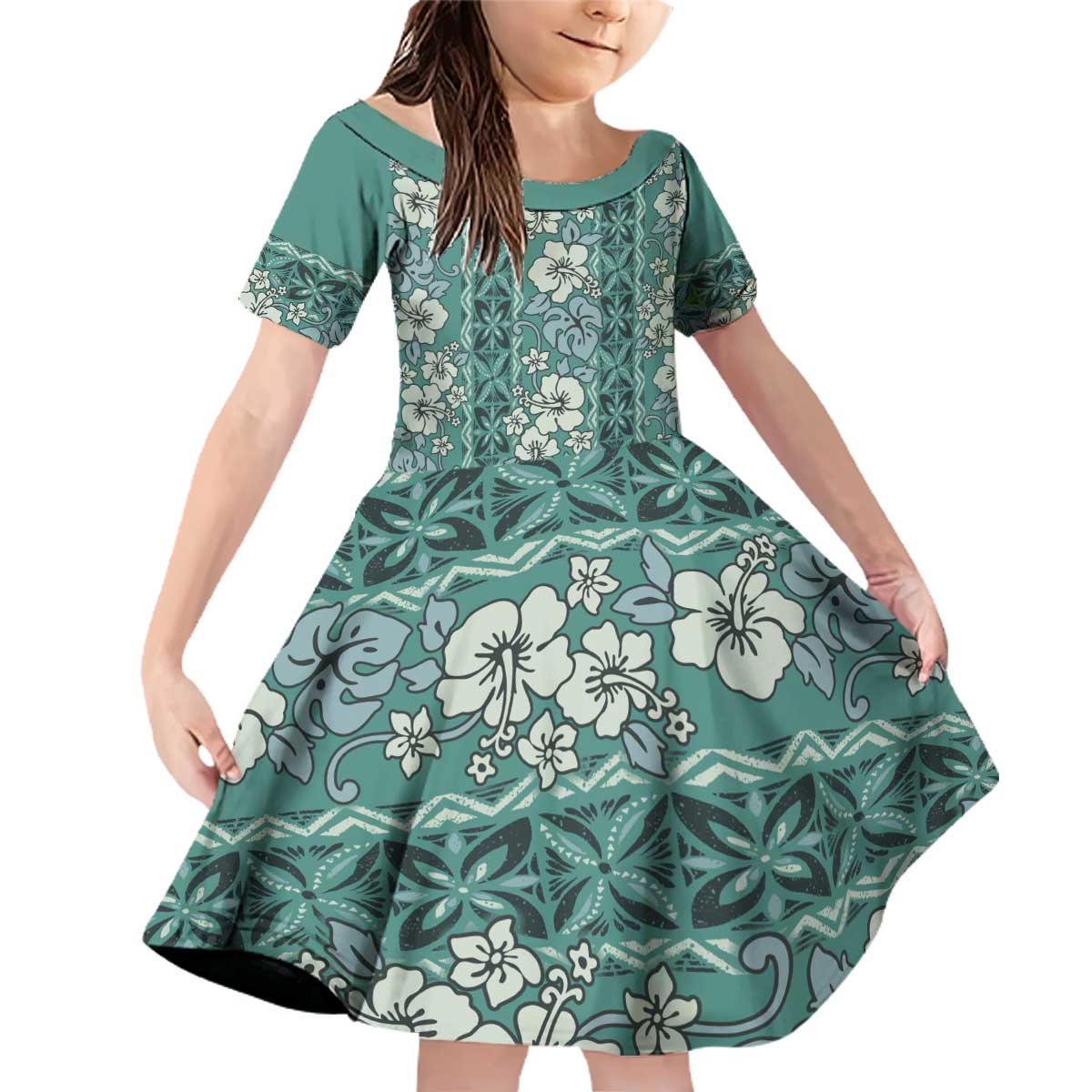 Hawaii Vintage Green Hibiscus Tapa Pattern Family Matching Off Shoulder Short Dress and Hawaiian Shirt LT05 Daughter's Dress Green - Polynesian Pride