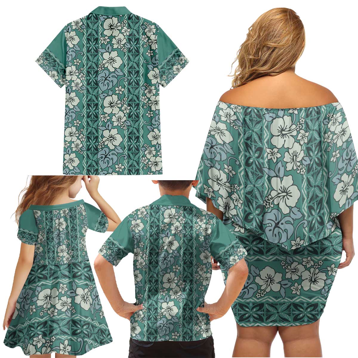 Hawaii Vintage Green Hibiscus Tapa Pattern Family Matching Off Shoulder Short Dress and Hawaiian Shirt LT05 - Polynesian Pride
