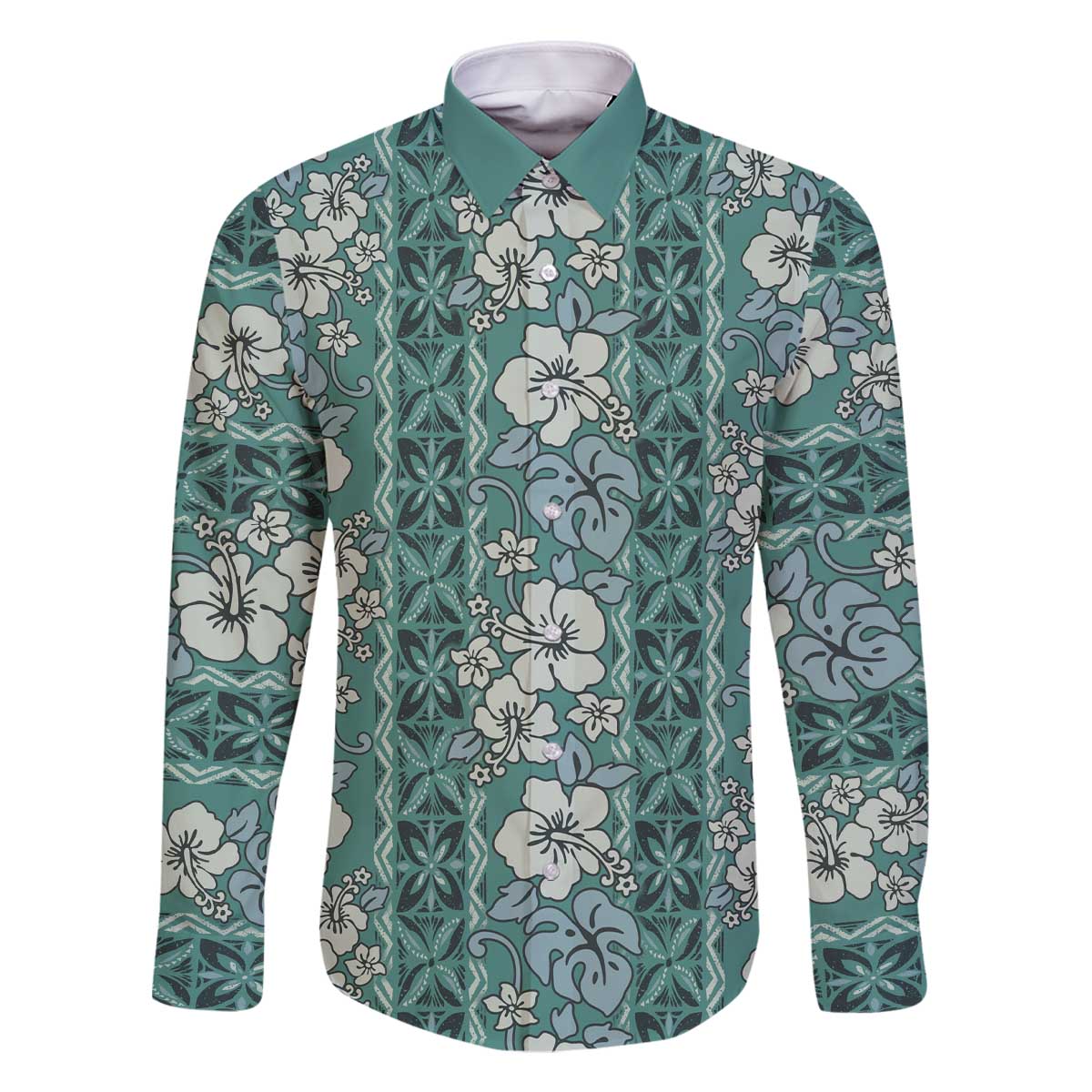 Hawaii Vintage Green Hibiscus Tapa Pattern Family Matching Off Shoulder Short Dress and Hawaiian Shirt LT05 Dad's Shirt - Long Sleeve Green - Polynesian Pride