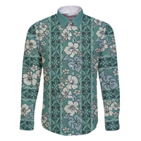 Hawaii Vintage Green Hibiscus Tapa Pattern Family Matching Off Shoulder Short Dress and Hawaiian Shirt LT05 Dad's Shirt - Long Sleeve Green - Polynesian Pride