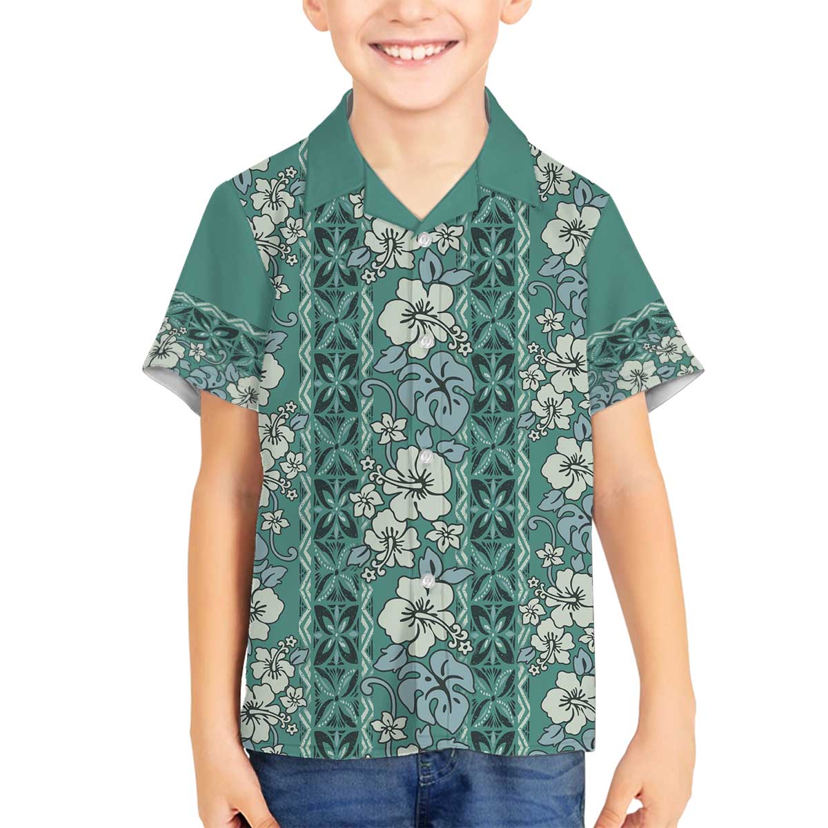 Hawaii Vintage Green Hibiscus Tapa Pattern Family Matching Off Shoulder Short Dress and Hawaiian Shirt LT05 Son's Shirt Green - Polynesian Pride