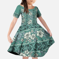 Hawaii Vintage Green Hibiscus Tapa Pattern Family Matching Puletasi and Hawaiian Shirt LT05 Daughter's Dress Green - Polynesian Pride