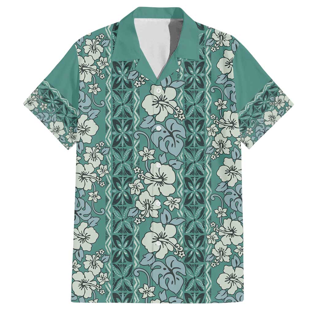 Hawaii Vintage Green Hibiscus Tapa Pattern Family Matching Puletasi and Hawaiian Shirt LT05 Dad's Shirt - Short Sleeve Green - Polynesian Pride
