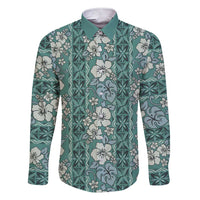 Hawaii Vintage Green Hibiscus Tapa Pattern Family Matching Short Sleeve Bodycon Dress and Hawaiian Shirt LT05 Dad's Shirt - Long Sleeve Green - Polynesian Pride