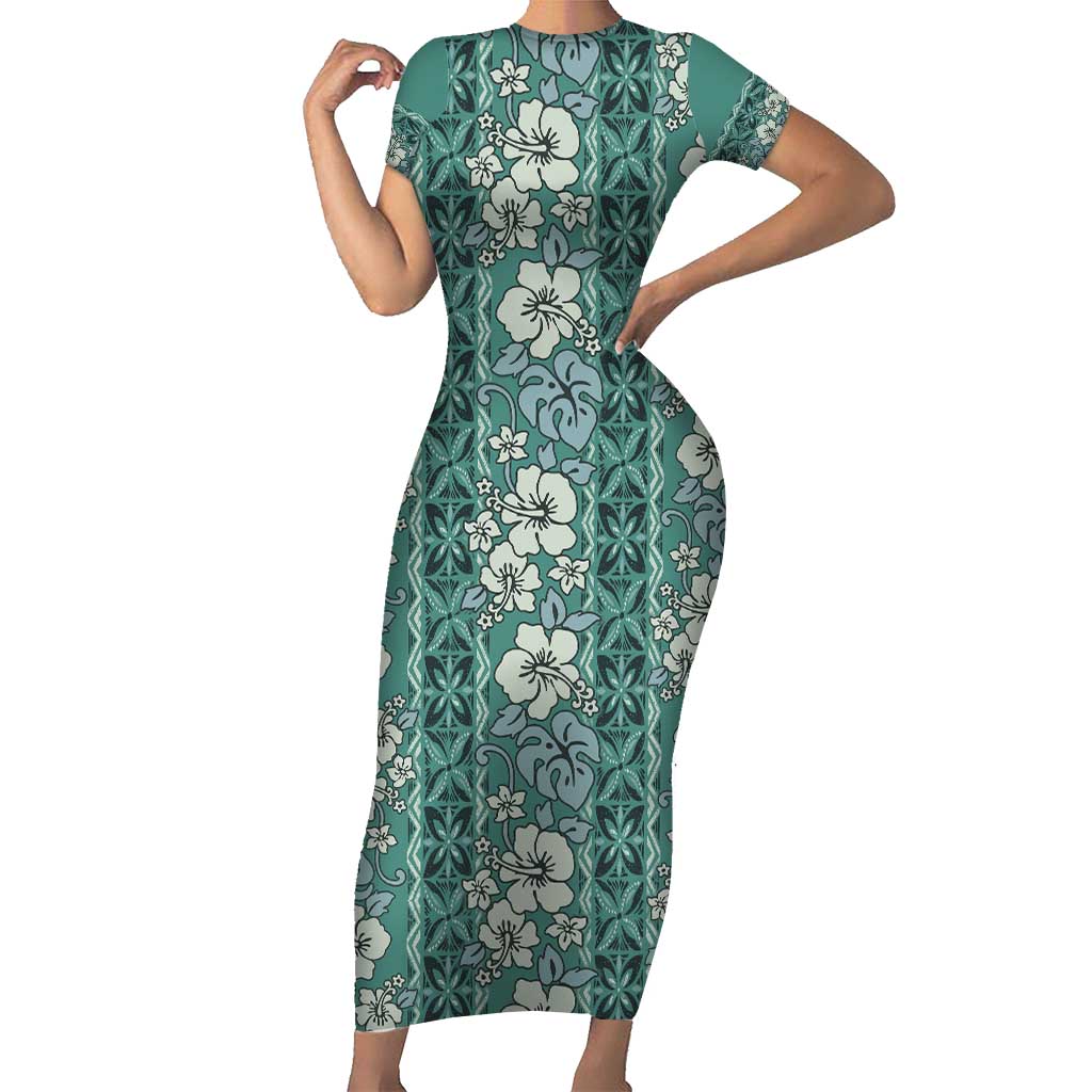 Hawaii Vintage Green Hibiscus Tapa Pattern Family Matching Short Sleeve Bodycon Dress and Hawaiian Shirt LT05 Mom's Dress Green - Polynesian Pride